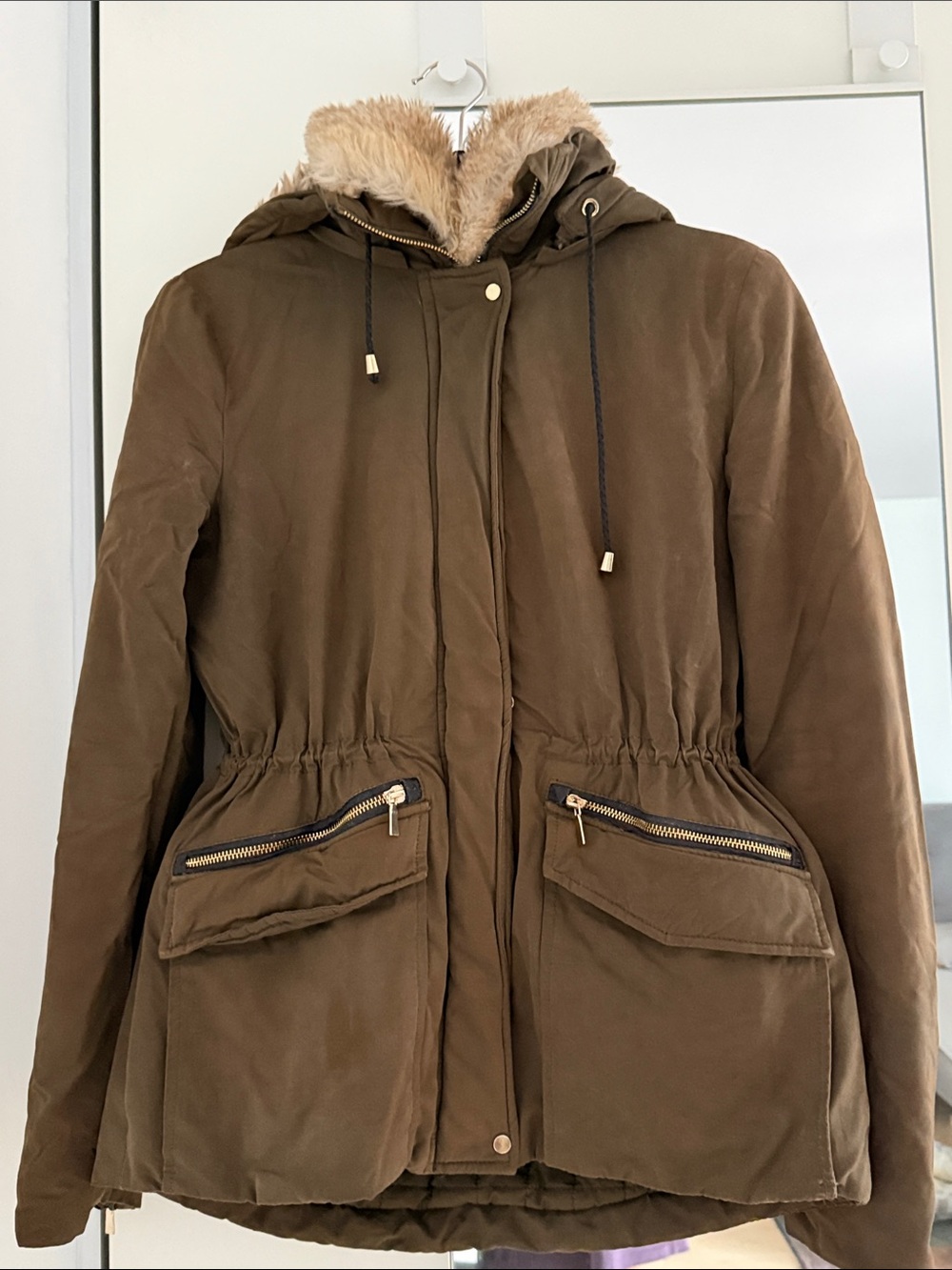 Zara Olive Brown Utility Parka with detach able Faux Fur Hood